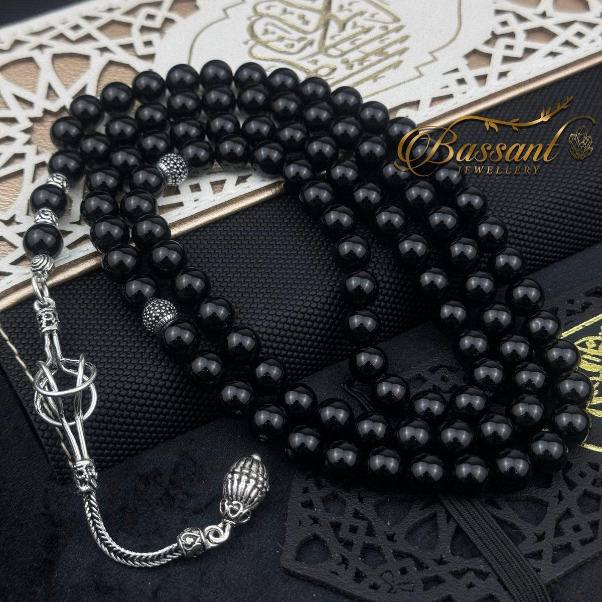 مسبحة عقيق أسود شرابة فضة ٩٩ خرزة فضة ٩٢٥ | Black Agate Silver Tassel Misbaha 99 Beads Silver 925 | Bassant Jewellery