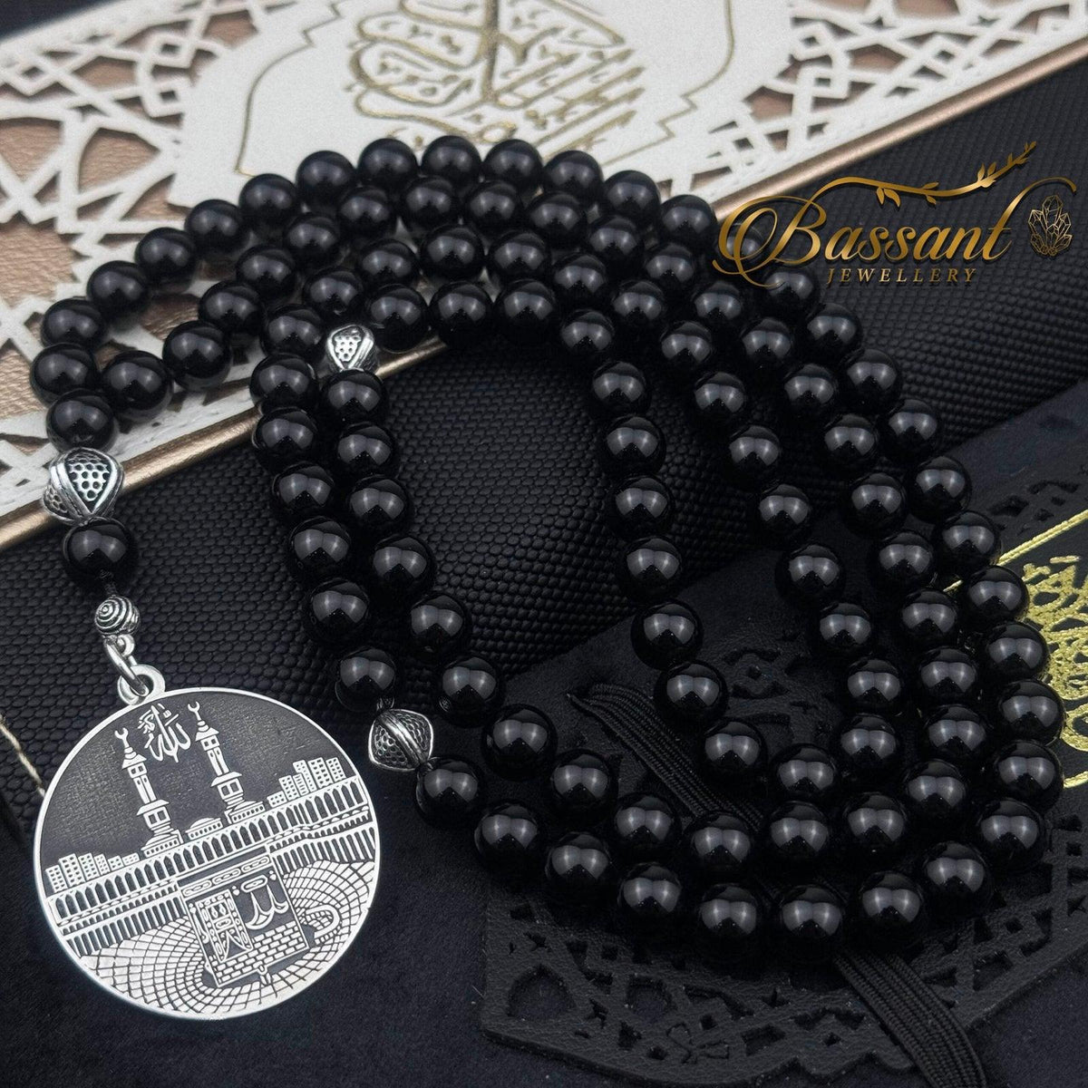 مسبحة عقيق أسود تصميم الكعبة ٩٩ خرزة فضة ٩٢٥ | Black Agate Kaaba Misbaha 99 Beads Silver 925 | Bassant Jewellery