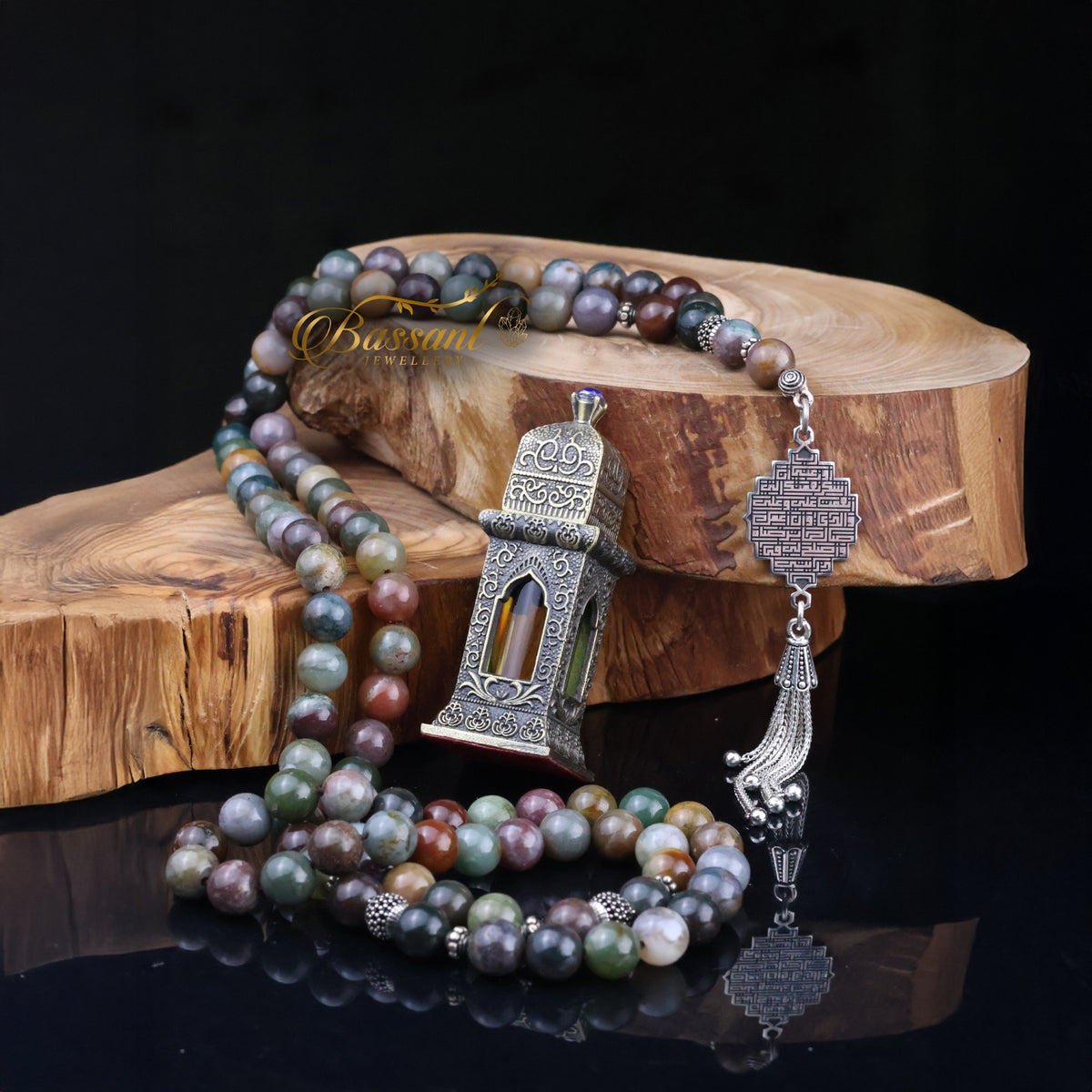 سبحة حجر كريم العقيق الطحلبي | أحجار كريمة و فضة عيار ٩٢٥ | Moss Agate gemstone Islamic prayer beads - Silver 925 | Bassant Jewellery