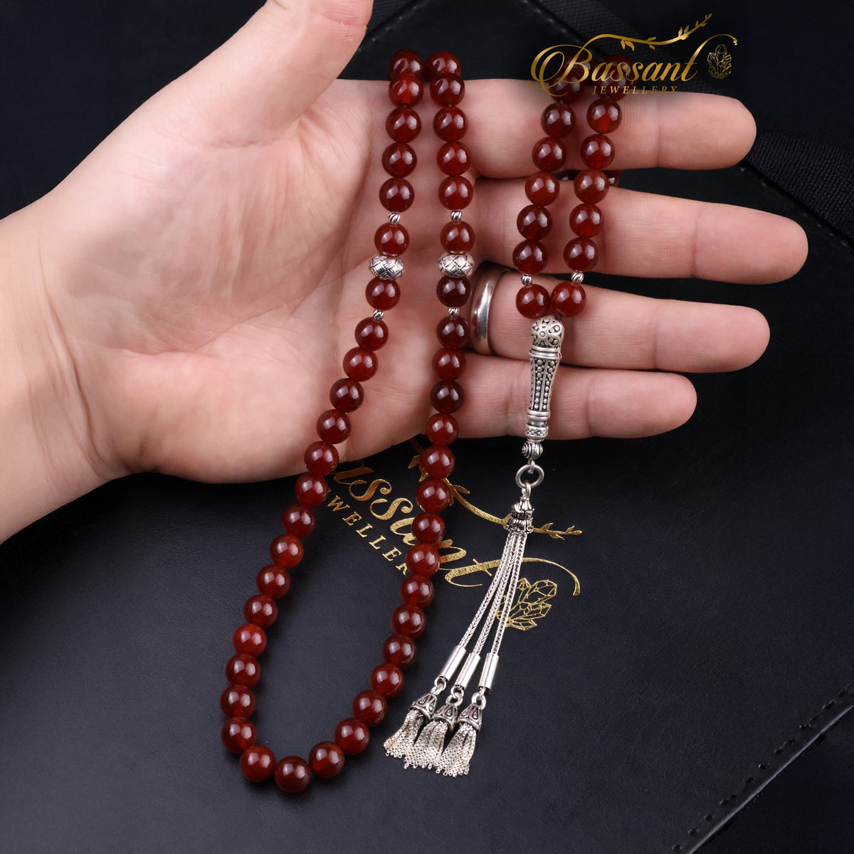 سبحة حجر كريم العقيق الأحمر | أحجار كريمة و فضة عيار ٩٢٥ | Red Agate gemstone Islamic prayer beads - Silver 925 | Bassant Jewellery