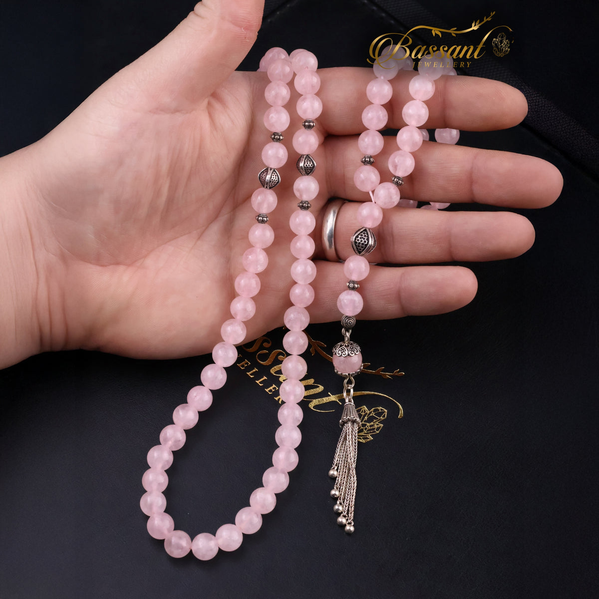 سبحة حجر كريم الكوارتز الوردي | أحجار كريمة و فضة عيار ٩٢٥ | Rose Quartz gemstone Islamic prayer beads - Silver 925 | Bassant Jewellery