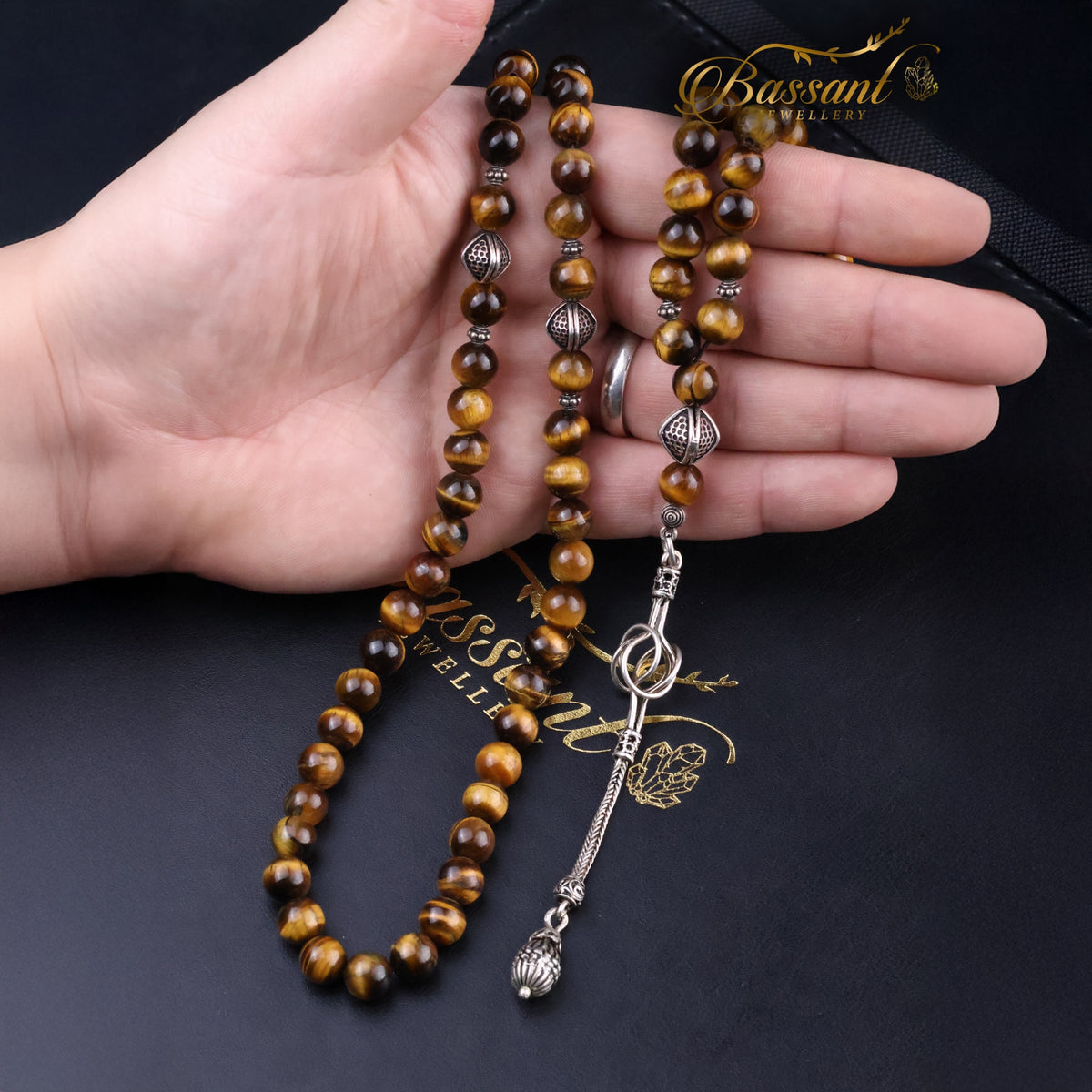سبحة حجر كريم حجر عين النمر | أحجار كريمة و فضة عيار ٩٢٥ | Tiger Eye gemstone Islamic prayer beads - Silver 925 | Bassant Jewellery