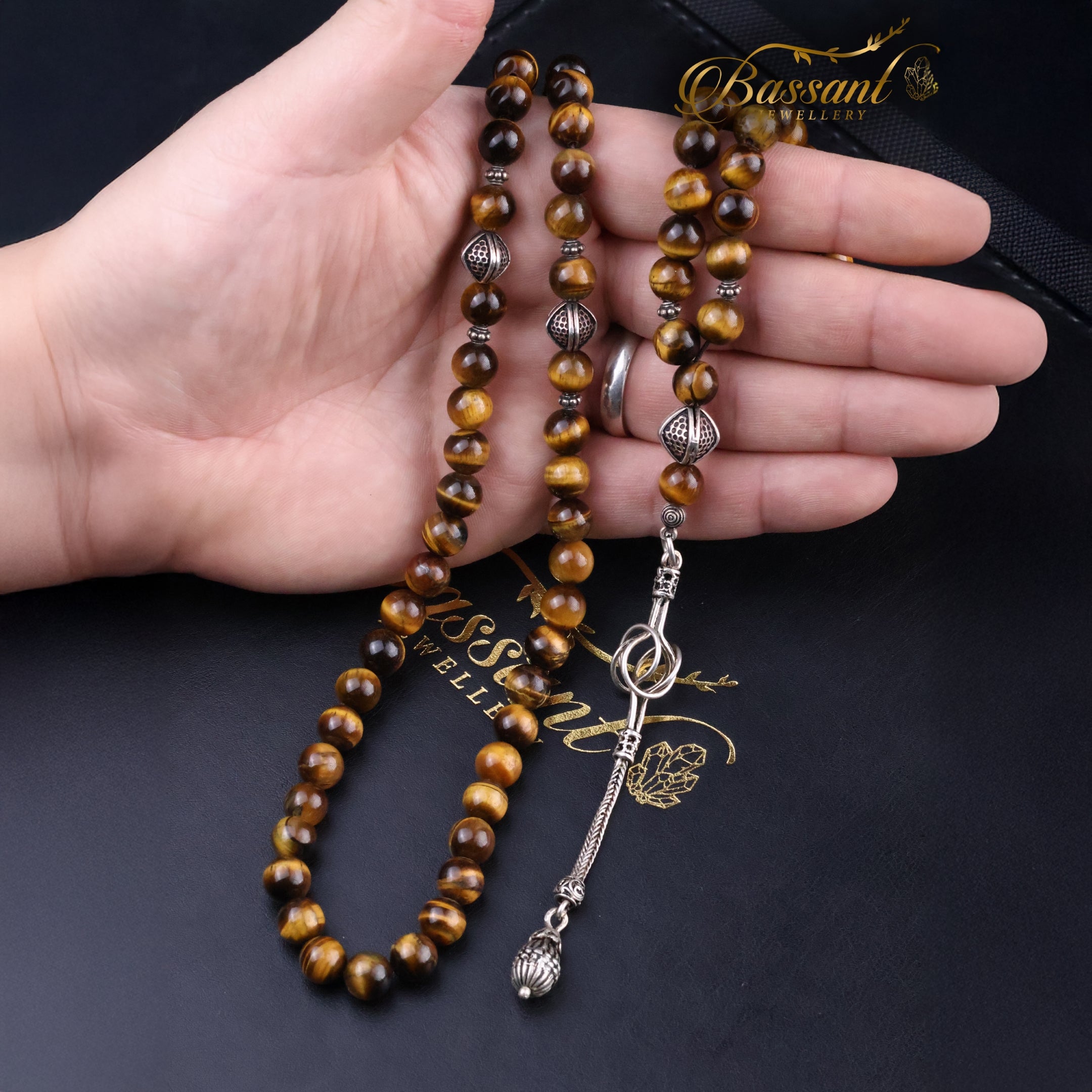 سبحة حجر كريم حجر عين النمر | أحجار كريمة و فضة عيار ٩٢٥ | Tiger Eye gemstone Islamic prayer beads - Silver 925 | Bassant Jewellery