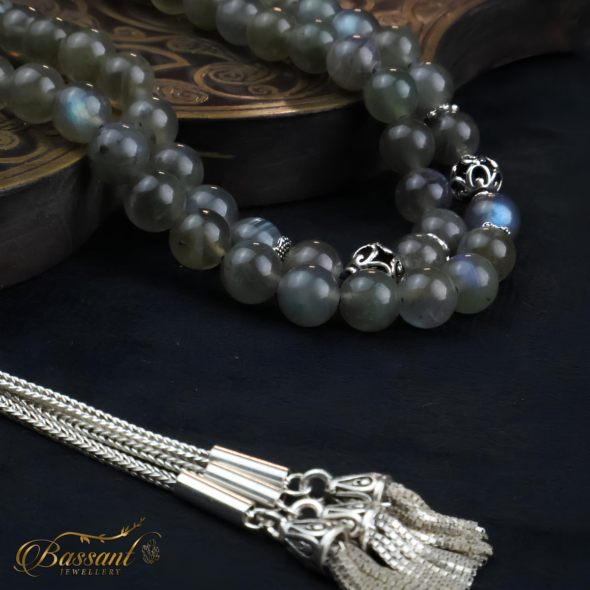 سبحة حجر كريم اللابرادوريت | أحجار كريمة و فضة عيار ٩٢٥ | Labradorite gemstone Islamic prayer beads - Silver 925 | Bassant Jewellery