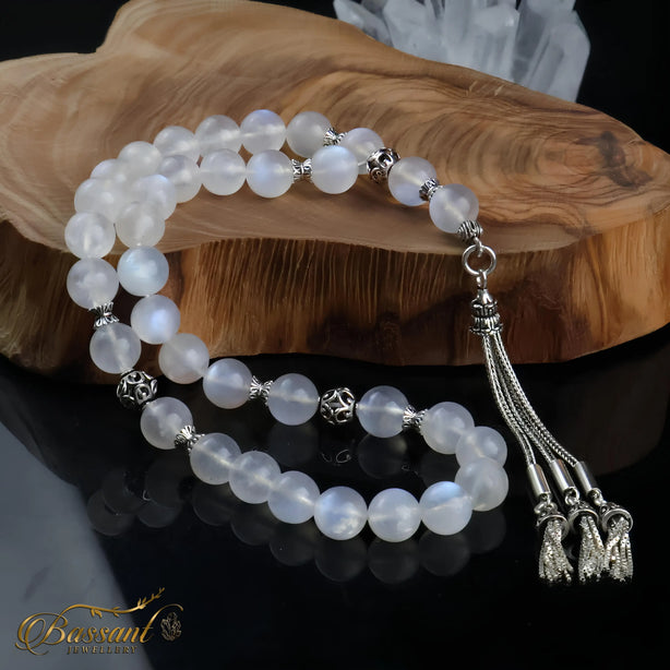 سبحة حجر كريم حجر القمر قوس قزح | أحجار كريمة و فضة عيار ٩٢٥ | Rainbow Moonstone gemstone Islamic prayer beads - Silver 925 | Bassant Jewellery
