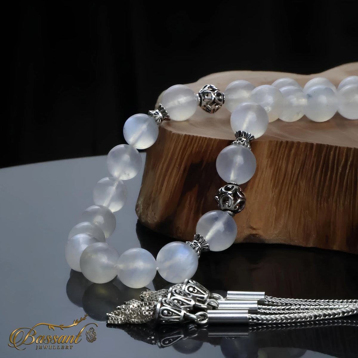 سبحة حجر كريم حجر القمر قوس قزح | أحجار كريمة و فضة عيار ٩٢٥ | Rainbow Moonstone gemstone Islamic prayer beads - Silver 925 | Bassant Jewellery