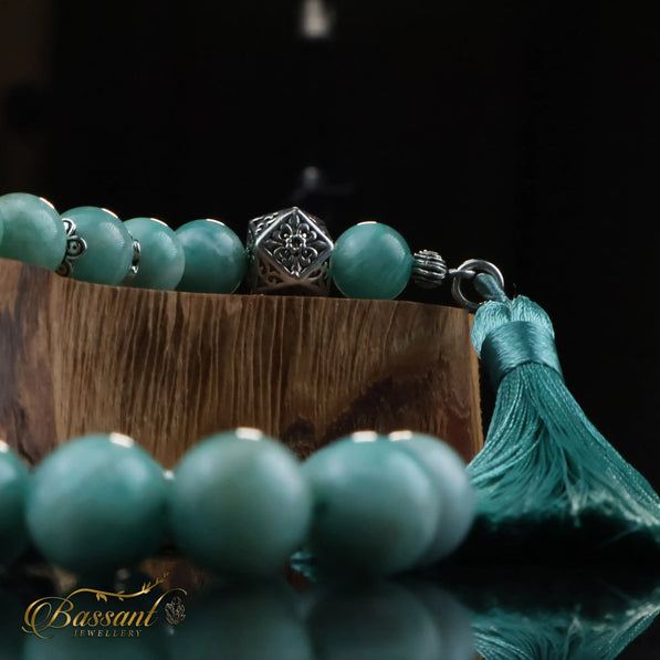 سبحة حجر كريم الأمازونيت | أحجار كريمة و فضة عيار ٩٢٥ | Amazonite gemstone Islamic prayer beads - Silver 925 | Bassant Jewellery