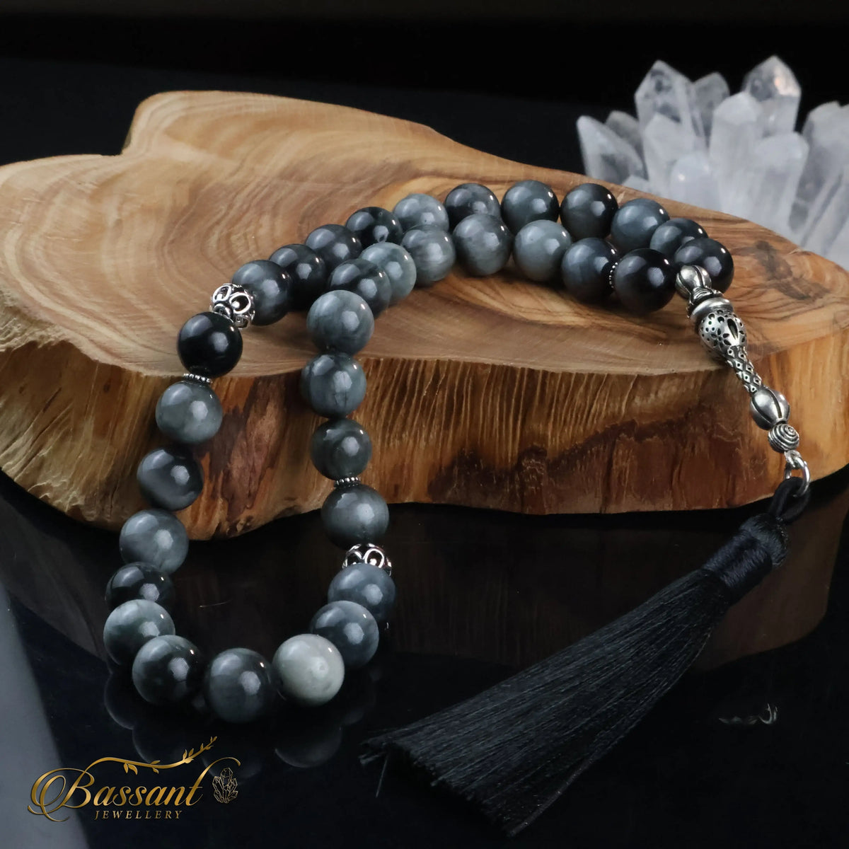 سبحة حجر كريم عين النسر | أحجار كريمة و فضة عيار ٩٢٥ | Eagle Eye gemstone Islamic prayer beads - Silver 925 | Bassant Jewellery