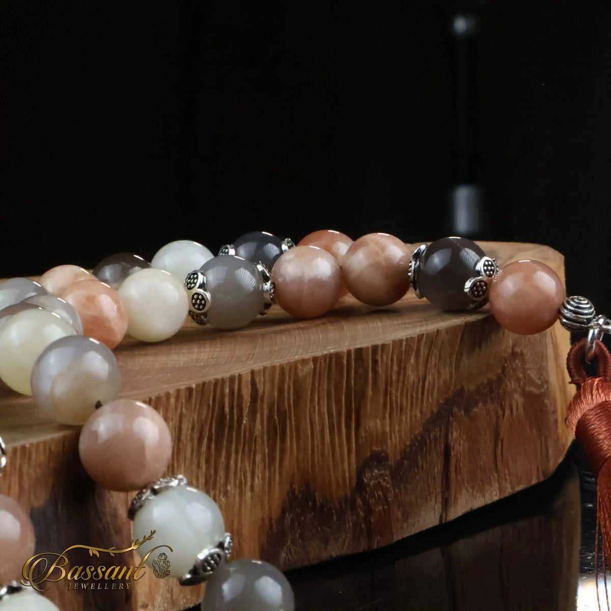 سبحة حجر كريم حجر القمر متعدد الألوان | أحجار كريمة و فضة عيار ٩٢٥ | Multi-Color Moonstone gemstone Islamic prayer beads - Silver 925 | Bassant Jewellery