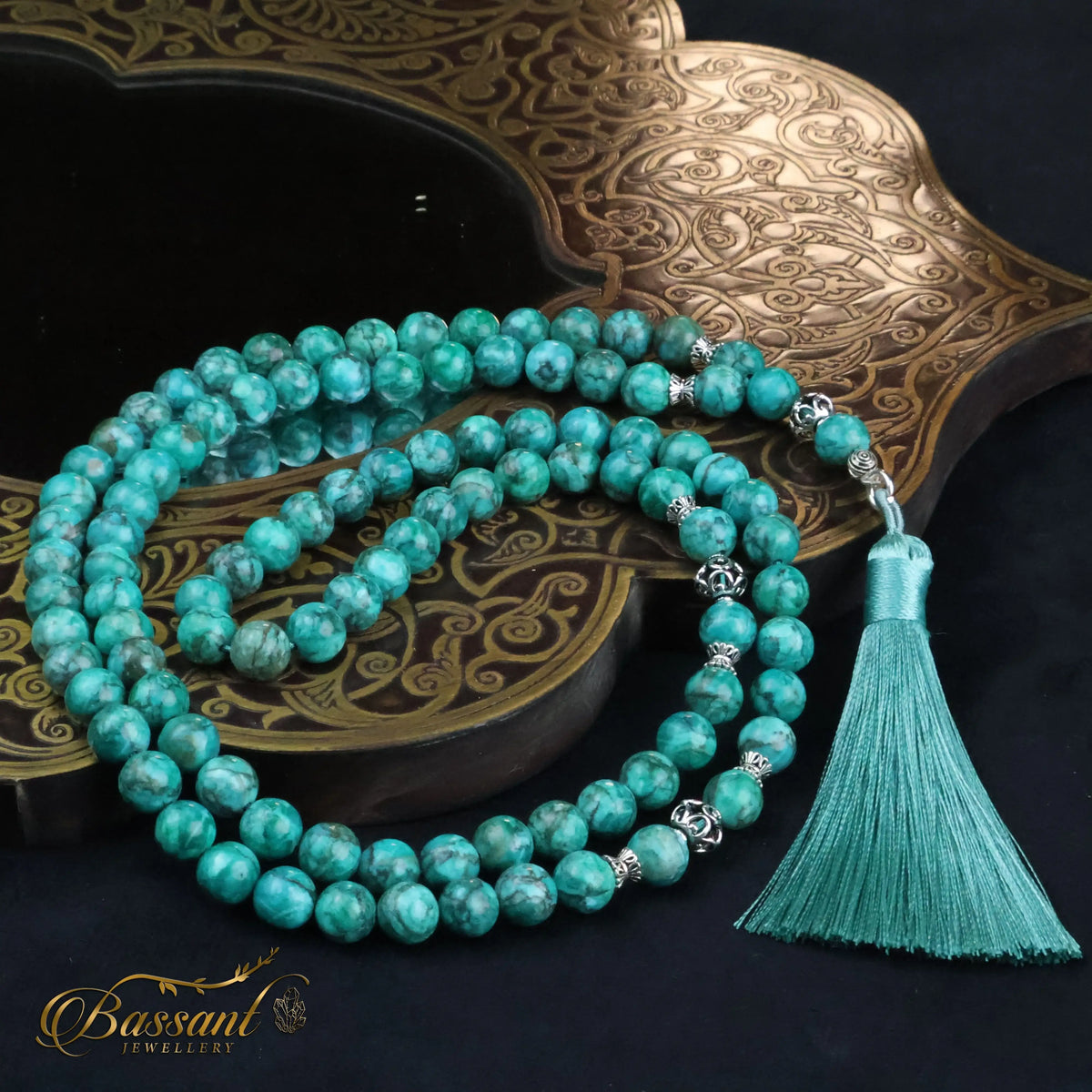 سبحة حجر كريم الفيروز الأفريقي | أحجار كريمة و فضة عيار ٩٢٥ | African Turquoise gemstone Islamic prayer beads - Silver 925 | Bassant Jewellery