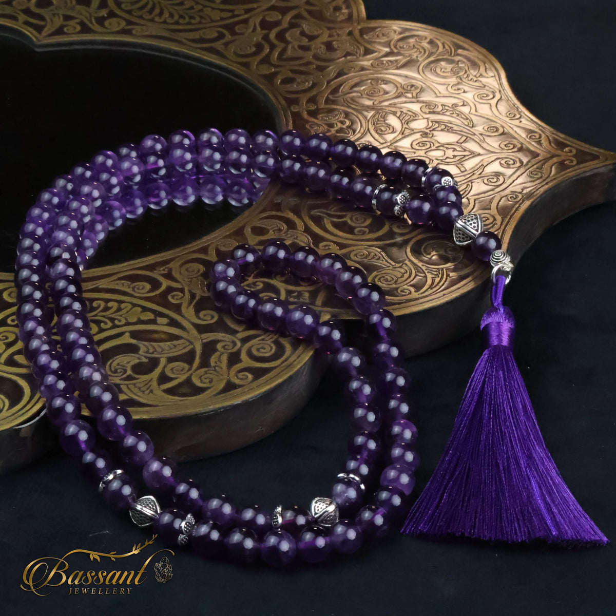 سبحة حجر كريم الأميثيست | أحجار كريمة و فضة عيار ٩٢٥ | Amethyst gemstone Islamic prayer beads - Silver 925 | Bassant Jewellery