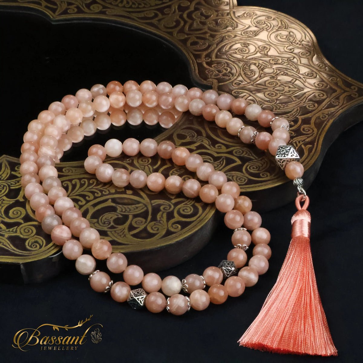 سبحة حجر كريم حجر الشمس | أحجار كريمة و فضة عيار ٩٢٥ | Sunstone gemstone Islamic prayer beads - Silver 925 | Bassant Jewellery