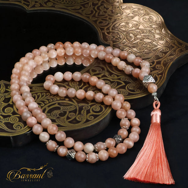 سبحة حجر كريم حجر الشمس | أحجار كريمة و فضة عيار ٩٢٥ | Sunstone gemstone Islamic prayer beads - Silver 925 | Bassant Jewellery