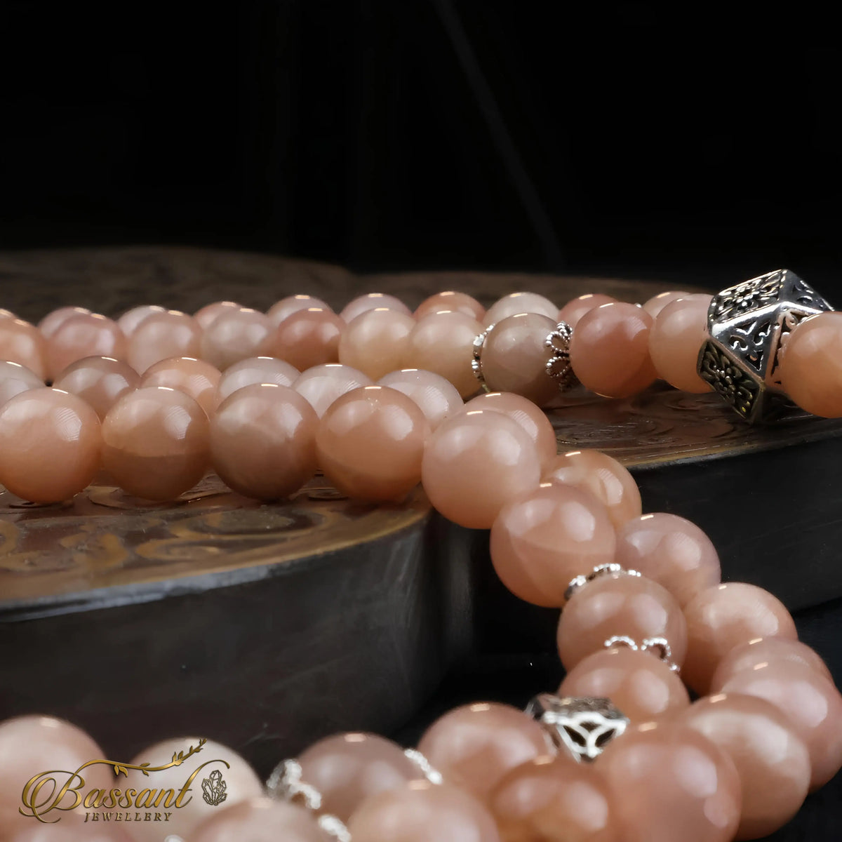 سبحة حجر كريم حجر الشمس | أحجار كريمة و فضة عيار ٩٢٥ | Sunstone gemstone Islamic prayer beads - Silver 925 | Bassant Jewellery