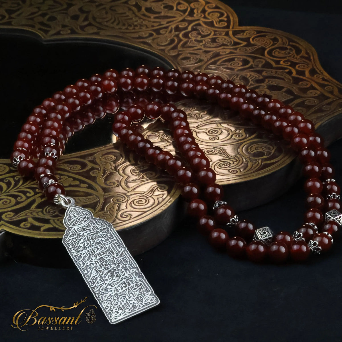 سبحة حجر كريم العقيق الأحمر | أحجار كريمة و فضة عيار ٩٢٥ | Red Agate gemstone Islamic prayer beads - Silver 925 | Bassant Jewellery
