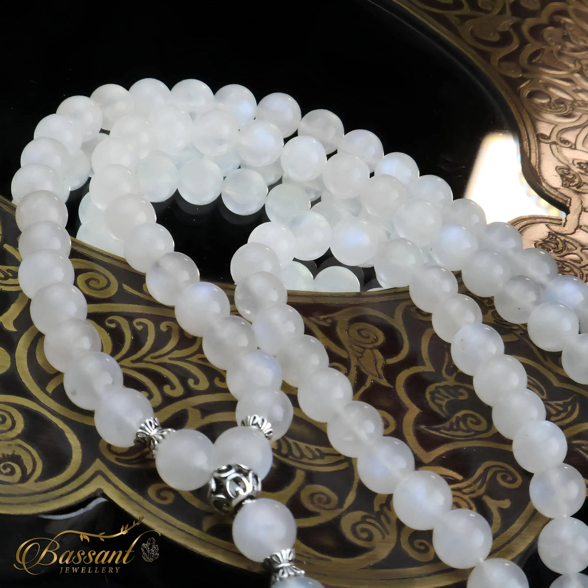 سبحة حجر كريم حجر القمر قوس قزح | أحجار كريمة و فضة عيار ٩٢٥ | Rainbow Moonstone gemstone Islamic prayer beads - Silver 925 | Bassant Jewellery