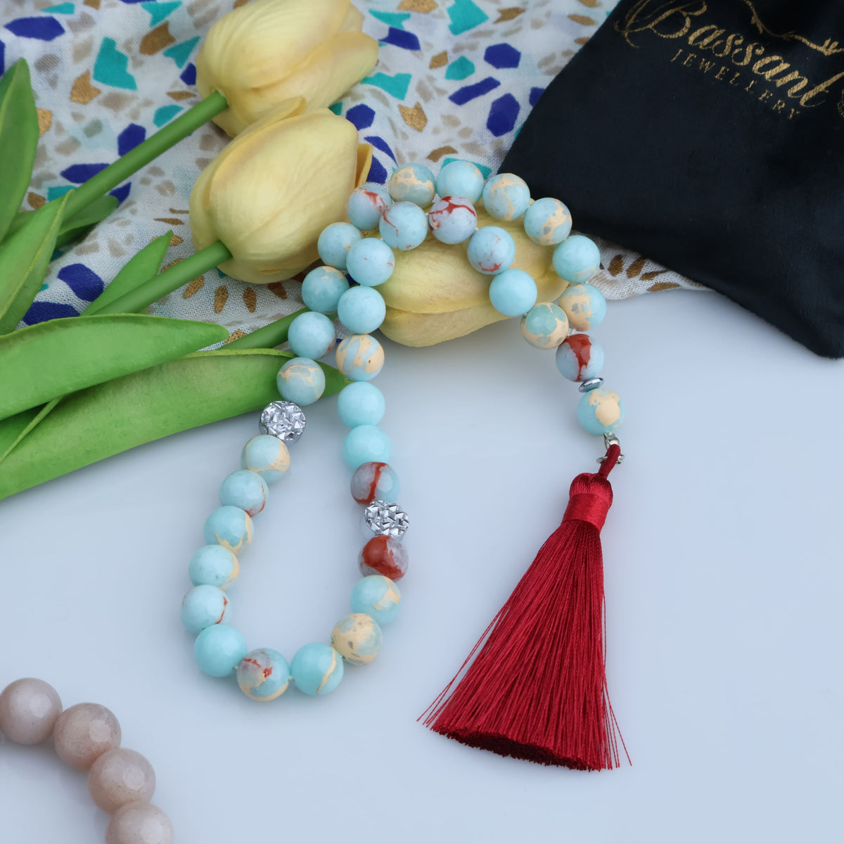 سبحة حجر كريم الجاسبر الإمبراطوري | أحجار كريمة و فضة عيار ٩٢٥ | Imperial Jasper gemstone Islamic prayer beads - Silver 925 | Bassant Jewellery