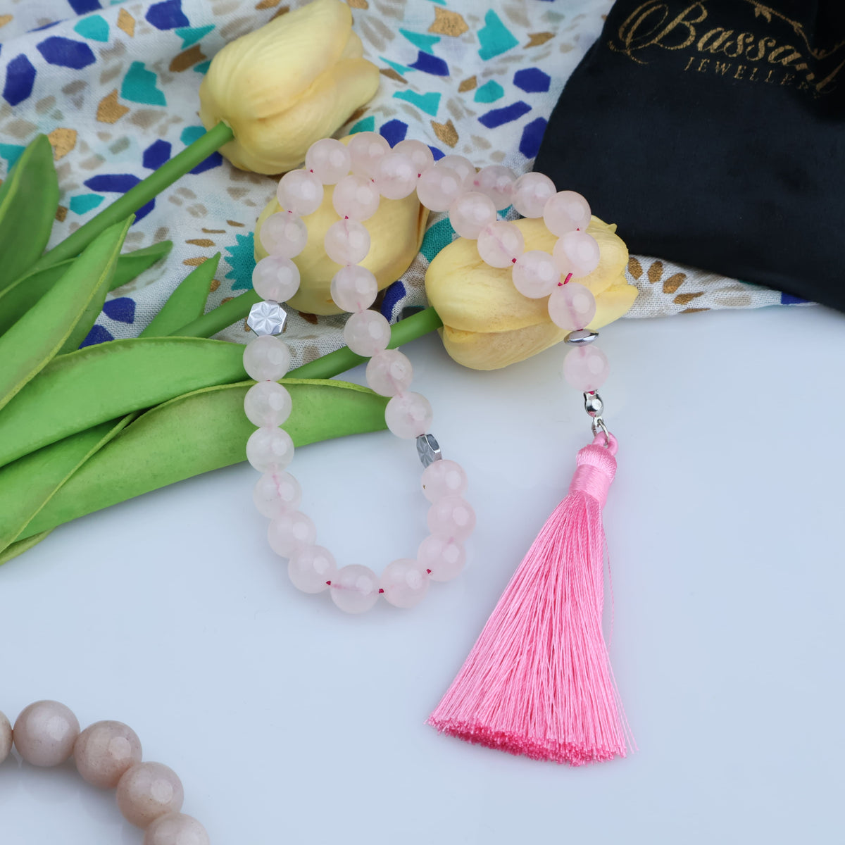 سبحة حجر كريم الكوارتز الوردي | أحجار كريمة و فضة عيار ٩٢٥ | Rose Quartz gemstone Islamic prayer beads - Silver 925 | Bassant Jewellery