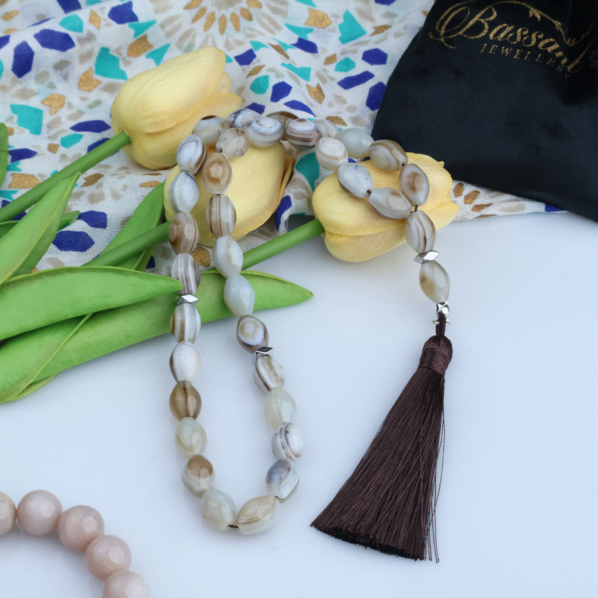سبحة حجر كريم العقيق السليماني | أحجار كريمة و فضة عيار ٩٢٥ | Suleiman Agate gemstone Islamic prayer beads - Silver 925 | Bassant Jewellery