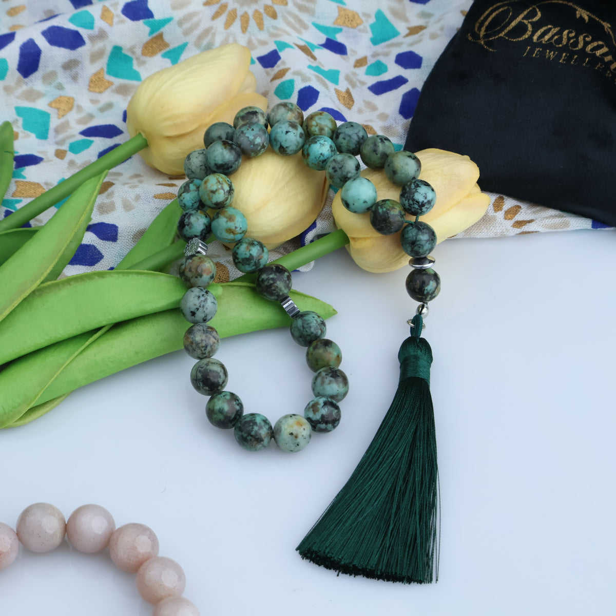 سبحة حجر كريم الفيروز الأفريقي | أحجار كريمة و فضة عيار ٩٢٥ | African Turquoise gemstone Islamic prayer beads - Silver 925 | Bassant Jewellery