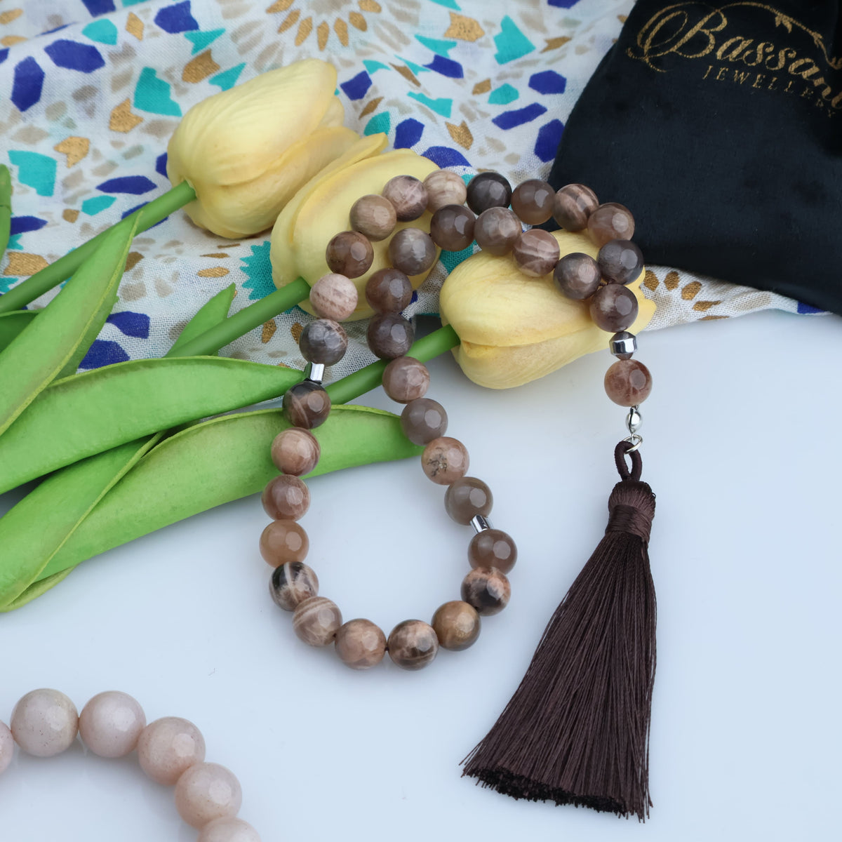 سبحة حجر كريم حجر القمر الموكا | أحجار كريمة و فضة عيار ٩٢٥ | Mocha Moonstone gemstone Islamic prayer beads - Silver 925 | Bassant Jewellery