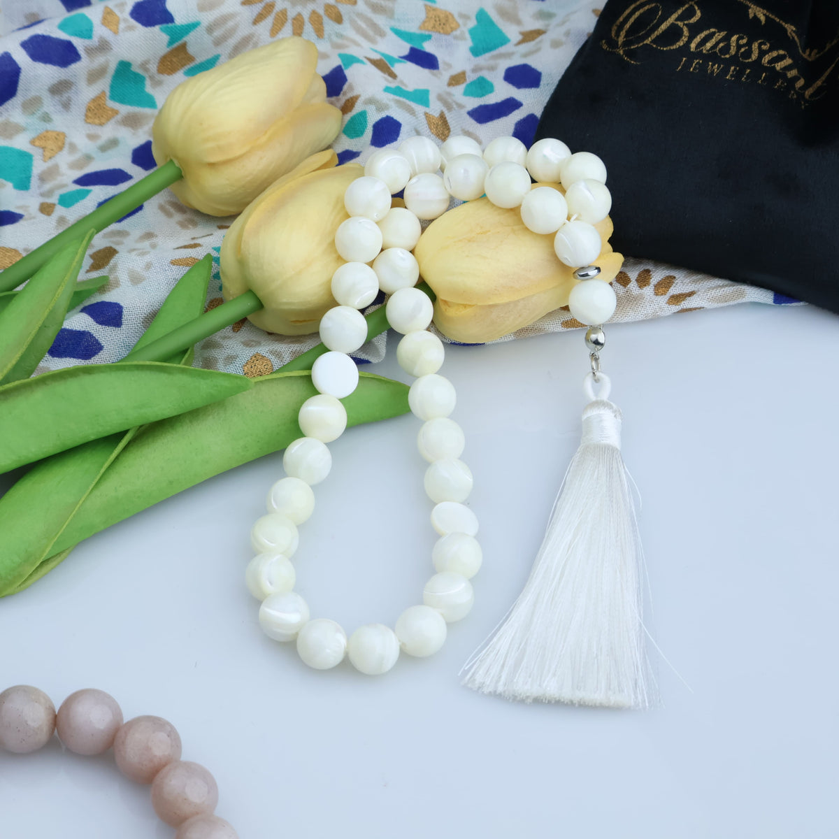 سبحة حجر كريم صدف تروكوس الأبيض | أحجار كريمة و فضة عيار ٩٢٥ | White Trochus Shell gemstone Islamic prayer beads - Silver 925 | Bassant Jewellery
