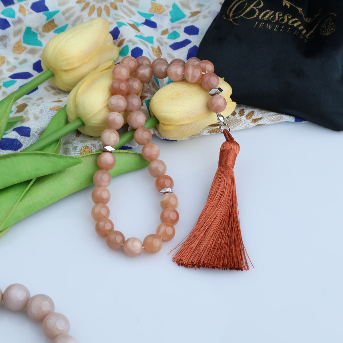 سبحة حجر كريم حجر الشمس | أحجار كريمة و فضة عيار ٩٢٥ | Sunstone gemstone Islamic prayer beads - Silver 925 | Bassant Jewellery