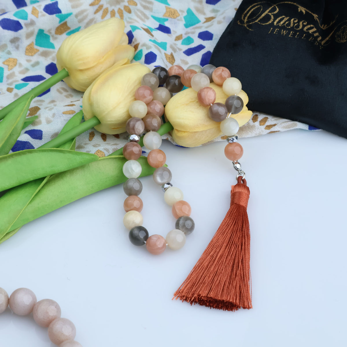 سبحة حجر كريم حجر القمر متعدد الألوان | أحجار كريمة و فضة عيار ٩٢٥ | Multi-Color Moonstone gemstone Islamic prayer beads - Silver 925 | Bassant Jewellery