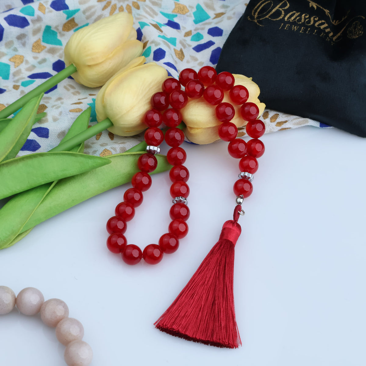 سبحة حجر كريم العقيق الأحمر | أحجار كريمة و فضة عيار ٩٢٥ | Red Agate gemstone Islamic prayer beads - Silver 925 | Bassant Jewellery