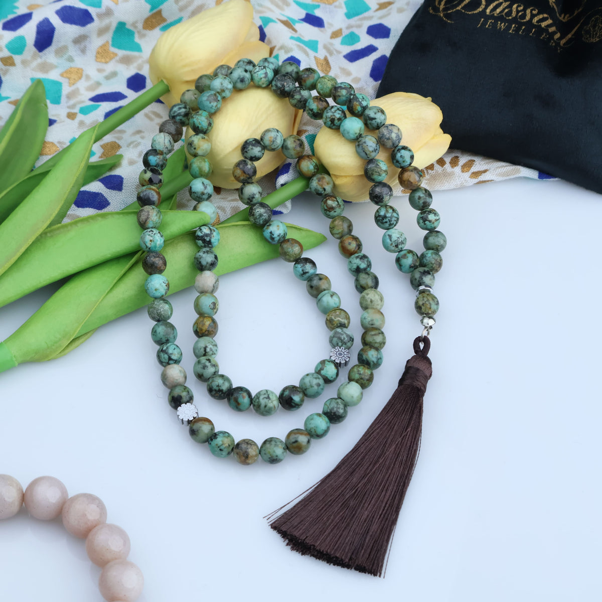 سبحة حجر كريم الفيروز الأفريقي | أحجار كريمة و فضة عيار ٩٢٥ | African Turquoise gemstone Islamic prayer beads - Silver 925 | Bassant Jewellery