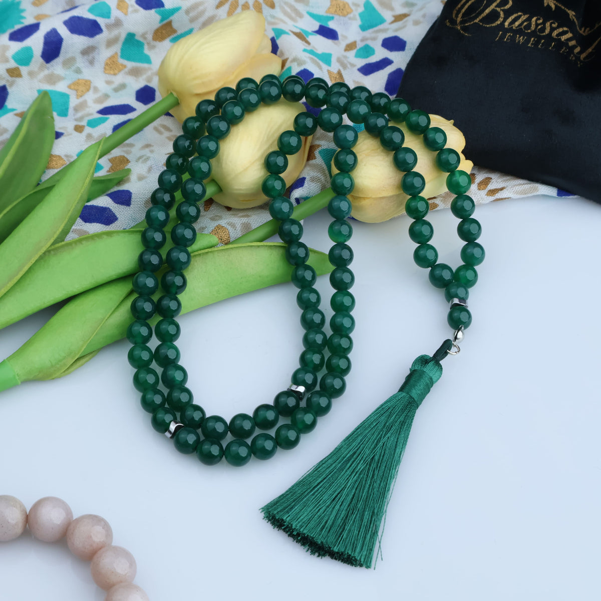 سبحة حجر كريم العقيق الأخضر | أحجار كريمة و فضة عيار ٩٢٥ | Green Agate gemstone Islamic prayer beads - Silver 925 | Bassant Jewellery