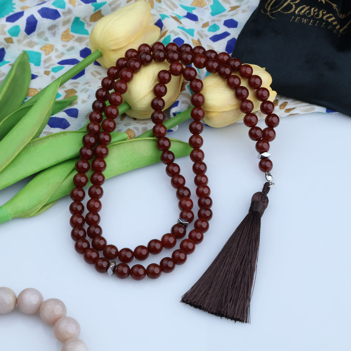 سبحة حجر كريم العقيق الأحمر | أحجار كريمة و فضة عيار ٩٢٥ | Red Agate gemstone Islamic prayer beads - Silver 925 | Bassant Jewellery