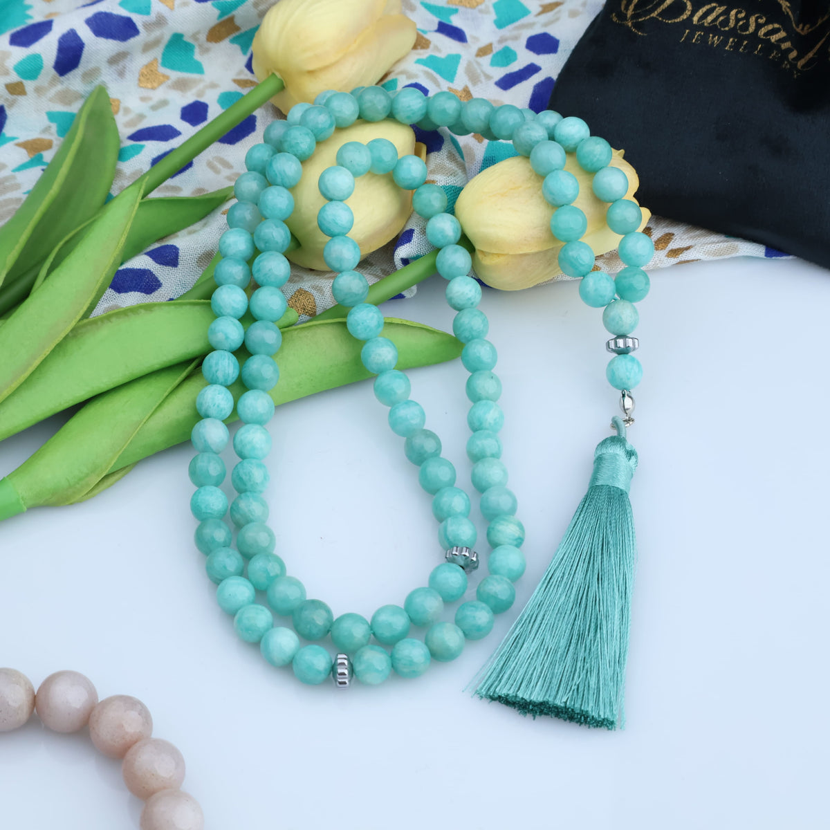 سبحة حجر كريم الأمازونيت | أحجار كريمة و فضة عيار ٩٢٥ | Amazonite gemstone Islamic prayer beads - Silver 925 | Bassant Jewellery