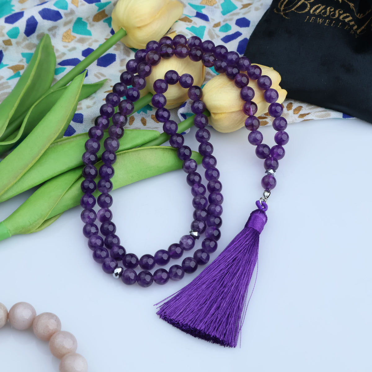 سبحة حجر كريم الأميثيست | أحجار كريمة و فضة عيار ٩٢٥ | Amethyst gemstone Islamic prayer beads - Silver 925 | Bassant Jewellery