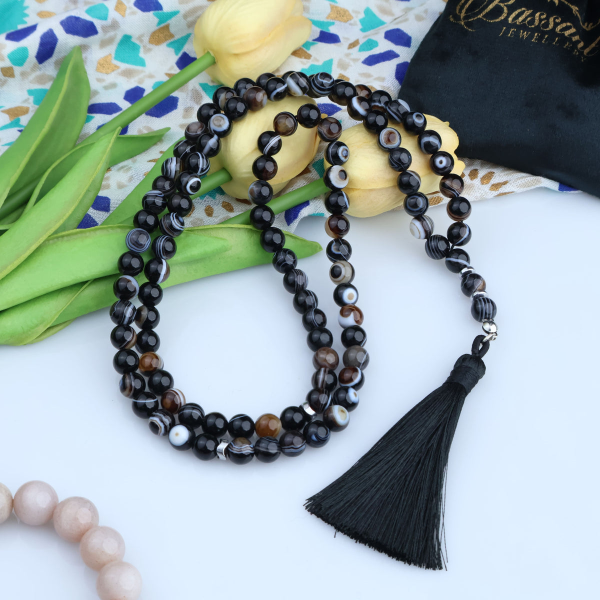 سبحة حجر كريم العقيق السليماني | أحجار كريمة و فضة عيار ٩٢٥ | Suleiman Agate gemstone Islamic prayer beads - Silver 925 | Bassant Jewellery