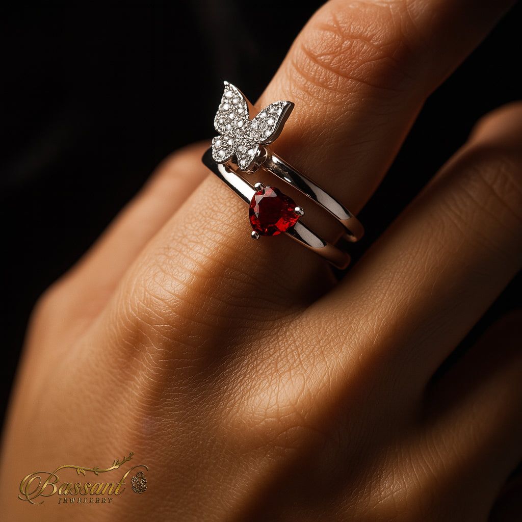 خاتم فضة عيار ٩٢٥ Heart & Butterfly | Heart & Butterfly Sterling Silver 925 Ring | Bassant Jewellery