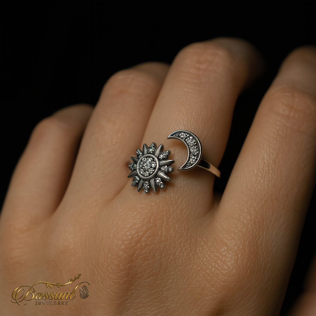 خاتم فضة عيار ٩٢٥ Swirling Sun & Moon | Swirling Sun & Moon Sterling Silver 925 Ring | Bassant Jewellery