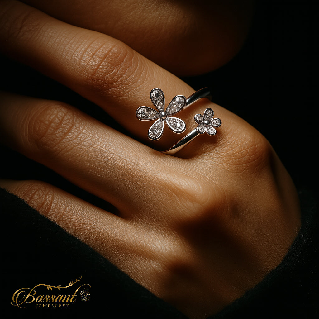 خاتم فضة عيار ٩٢٥ Two Flowers | Two Flowers Sterling Silver 925 Ring | Bassant Jewellery
