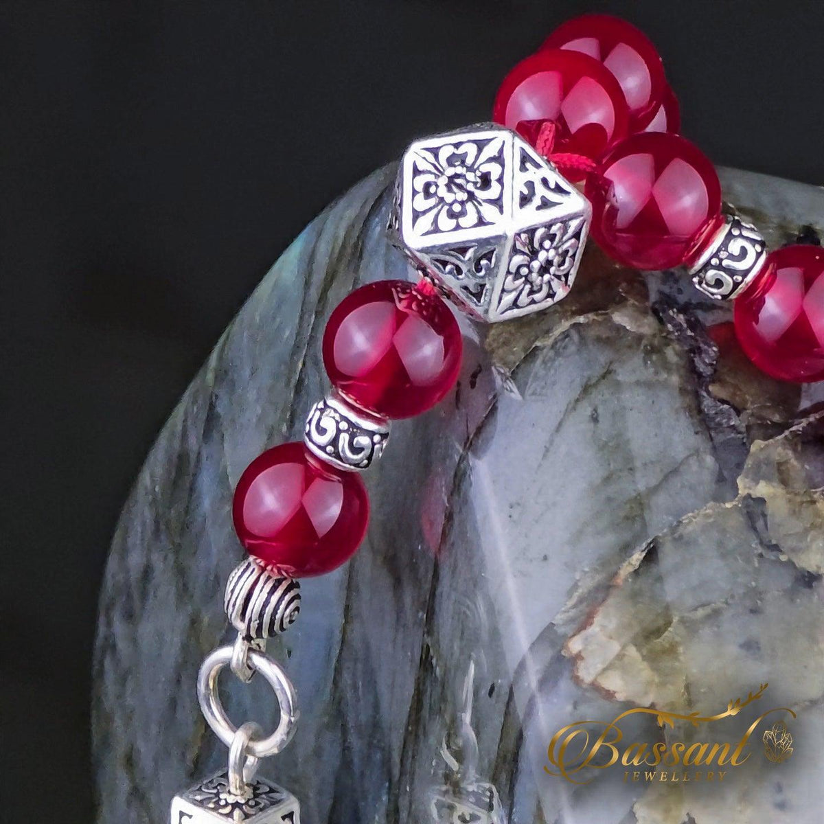 سبحة حجر كريم العقيق الأحمر | أحجار كريمة و فضة عيار ٩٢٥ | Red Agate gemstone Islamic prayer beads - Silver 925 | Bassant Jewellery
