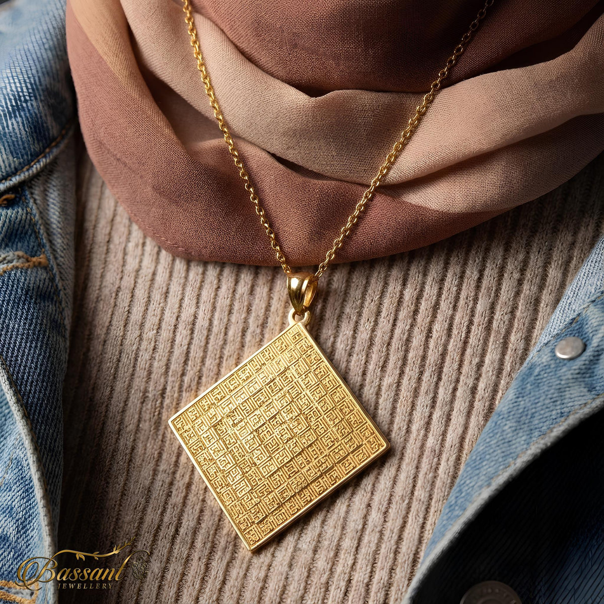 سلسلة أسماء الله الحسنى بالخط الكوفي فضة عيار ٩٢٥ | خط عربي إسلامي منقوش | 99 Names of Allah – Kufic Sterling Silver 925 Islamic Pendant | Bassant Jewellery